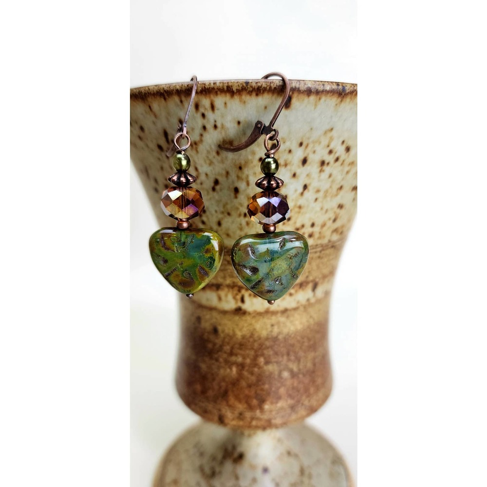Earthy Green‎ Triangle Earrings, Handmade